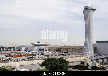 Lod, Israel. 25th Jan, 2021. The control tower is depicted at Tel Aviv's Ben Gurion International Airport just hours ahead of a near total air travel ban taking effect at midnight 25th January, 2021, proposed and approved by the government cabinet less than 24 hours ago. Exceptions will include only circumstances such as medical treatment, judicial proceedings or funerals of close family relatives but even in such cases no commercial flights will be available. Emergency Coronavirus regulations will be in effect at least until 31st January, 2021. Credit: Nir Alon/Alamy Live News Stock Photo