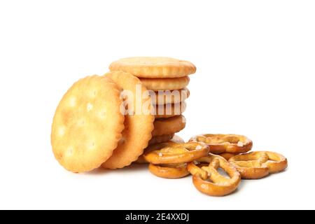 Tasty cracker biscuits isolated on white background Stock Photo