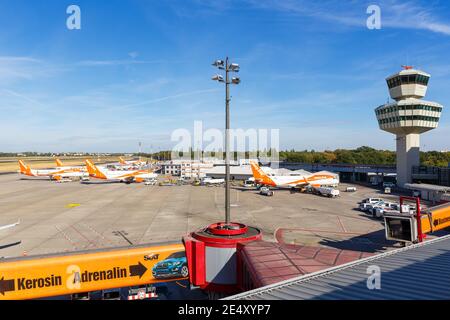 Berlin, Germany – September 11, 2018: Easyjet Airbus A320 airplanes at Berlin Tegel airport (TXL) in Germany.