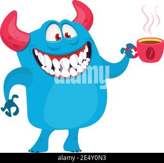 Funny cartoon monster having cup of coffee. Vector Halloween illustration Stock Vector