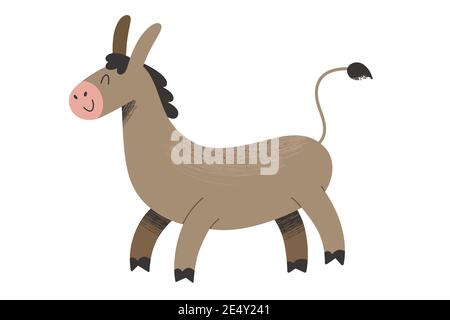 Cute doodle donkey illustration, farm animal with happy face expression, illutrated mascot, vector clipart isolated Stock Vector