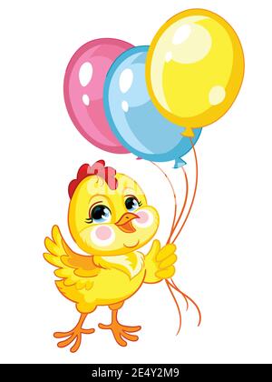 Funny cartoon chicken with balloons. Cute animal. Vector illustration for postcard, posters, nursery design, greeting card, stickers or room decor, nu Stock Vector