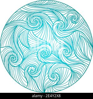 Vector illustration in line art style. Abstract round sea wave mandala with curls, swirls.Hand drawn ink pattern Stock Vector