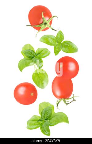 Flying fresh whole tomatoes isolated on white background Stock Photo