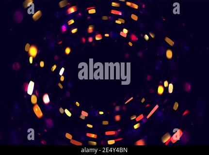 Sparkling lights forming round frame in the night space, golden confetti blured in motion, festive decorative background or banner backdrop Stock Vector