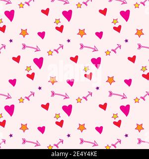 Valentine pattern with heart star arrow on pink background Stock Vector