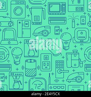 Automated home seamless pattern in line style. Repeating background with smart things symbols. Vector illustration. Stock Vector