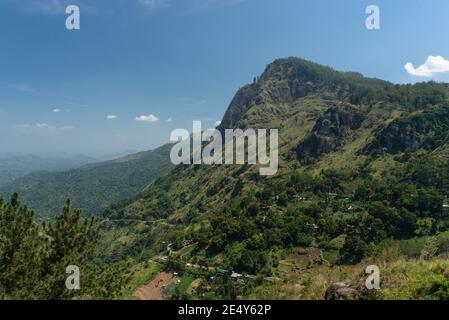 Panoramic view from Ella Sri Lanka. The Little Adams peak over the green Valleys. Stock Photo