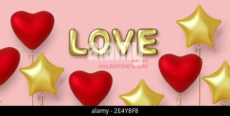 Valentines day background with realistic balloons pink and gold in shape hearts. Text in the form of golden balls. Love and wedding. Vector Stock Vector