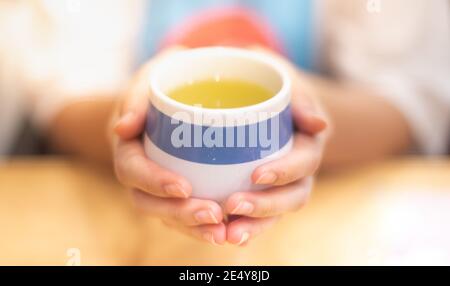 Close-up of female hands holding  with a cup of hot green tea, Hot drink menu for customer in the coffee shop or restaurant. Stock Photo