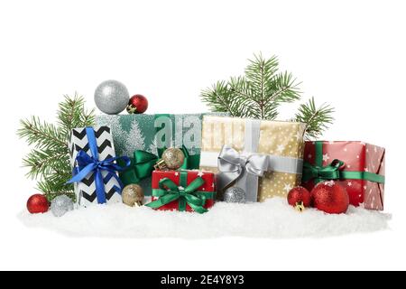 Several gift boxes with Christmas decorations isolated on white, a clean festive set for holiday shopping and marketing designs Stock Photo