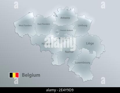 Belgium map and flag, administrative division, separates regions and names individual region, design glass card 3D vector Stock Vector