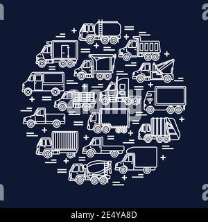 Cargo transportation round concept with different types of trucks in thin line style. Trucking industry icons collection in circle. Vector banner or c Stock Vector