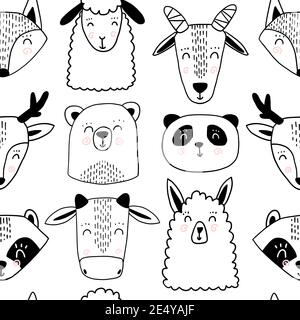 Cute scandinavian animal seamless pattern. Panda sheep goat lama bear bear deer raccoon fox animals faces for kid. Stock Vector