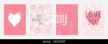 Valentine day cards with watercolor hearts,  grunge elements and hand drawn lettering. Vector backgrounds set. Stock Vector