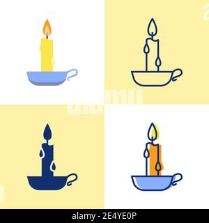 Candle in a holder icon set in flat and line style. Bright light source with burning flame. Home interior decor. Vector illustration. Stock Vector