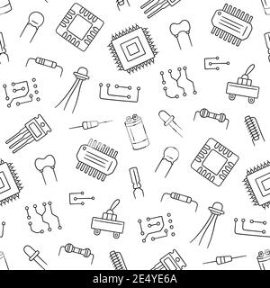 Seamless pattern from electrical components. Microchip, diode, transistor capacitor, resistor. Stock Vector