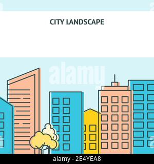 Vector poster with city street in thin line style. Banner or card template with modern buildings and place for text. Stock Vector