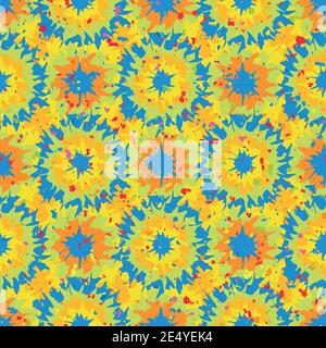 Tie dye effect abstract seamless vector pattern background. Geometric backdrop with circle shapes. Tropical color painterly spatter design. Retro fun Stock Vector