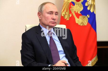 Russian President Vladimir Putin, chairs a video conference meeting on the implementation of integration projects in the Eurasian Economic Union from the Novo-Ogaryov state residence January 20, 2021 outside Moscow, Russia. Stock Photo