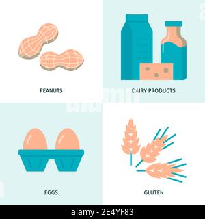 Allergy causing products icon set in flat style. Food intolerance concept symbols set. Vector illustration. Stock Vector