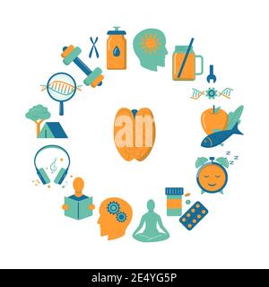 Biohacking round concept banner with icons in flat style. Health improvement theme poster. Vector illustration. Stock Vector