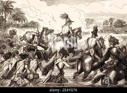 Duke of Wellington crossing the Kaitna River, Battle of Assaye, 23 September 1803, Second Anglo-Maratha War, From British Battles on Land and Sea by James Grant Stock Photo