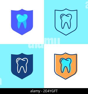 Teeth protection icon set in flat and line style. Dental shield symbol. Stomatology vector illustration. Stock Vector