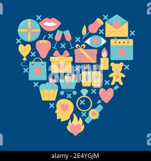 Valentine day concept banner with love icons in flat style. Romantic poster template. Vector illustration. Stock Vector
