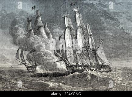 The fight between HMS Phoenix and French Ship Didon, 10 August 1805, Napoleonic wars, From British Battles on Land and Sea by James Grant Stock Photo