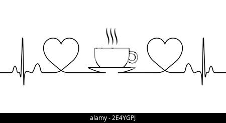 sign of love for coffee and tea, a symbol of tea drinking, a vector icon with a single line hearts and a hot cup with steam Stock Vector