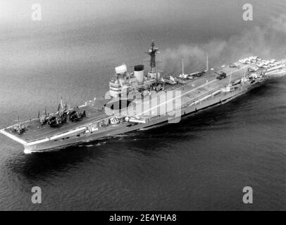 TakenAerial view of the Royal Navy aircraft carrier HMS Victorious (R38), taken circa 1958-1960, when the Royal Navy operated the Douglas Skyraider AEW.1 Stock Photo