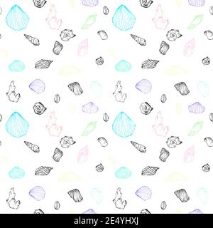 Seamless pattern on the marine theme. Background with seashells of different sizes and colors. Stock Vector
