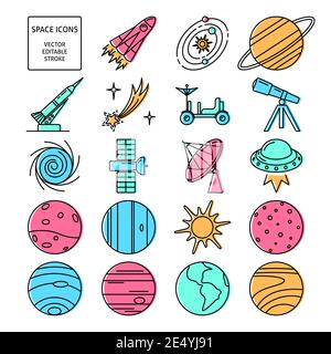 Space icons collection in thin line style. Spaceship, sun, UFO, planets, rocket and other symbols. Vector editable stroke. Stock Vector
