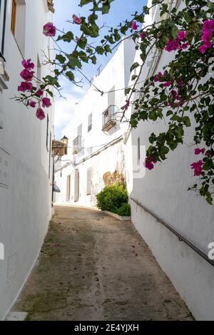 Vejer de la Frontera, Spain - 17 January, 2021: narrow street in the historic old center of Vejer de la Frontera with purple flowers in the foreground Stock Photo