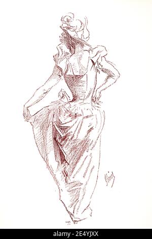 Chalk drawing of well dressed woman from rear by Jules Cheret in 1897 The Studio an Illustrated Magazine of Fine and Applied Art Stock Photo