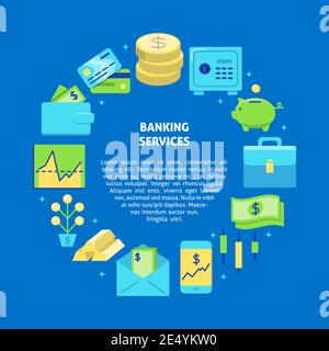 Banking services round concept in flat style with text. Finance and money symbols. Financial poster template. Vector illustration. Stock Vector