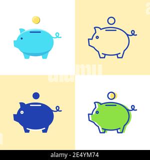 Piggy bank icon set in flat and line style. Money saving symbol. Moneybox emblem. Vector illustration. Stock Vector