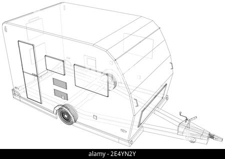 Camping trailer vector. Wire-frame line isolated. Vector rendering of 3d Stock Vector