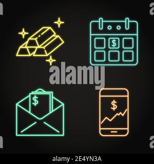 Finance icon set in neon line style. Gold bar stack, calendar with dollar sign, envelope with banknotes, smartphone with financial chart. Vector illus Stock Vector