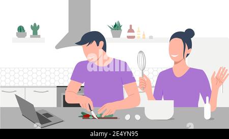 Happy couple looks on laptop and cooking by online video tutorial in their kitchen. Online culinary school. Online courses, e-learning. Eps 10. Stock Vector