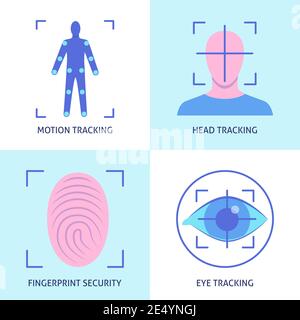 Virtual reality icon set in flat style. Modern technology symbols collection including movement tracking, fingerprint security, head and eye tracking. Stock Vector