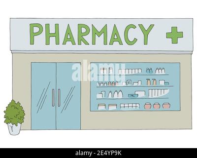 Premium Vector | A graphic of a pharmacy with a bottle of pills in the  middle.