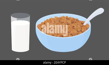 Buckwheat porridge with glass of milk in blue bowl. grain pile heap on plate. Cartoon breakfast vector illustration isolated on white background Stock Vector