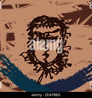 Female Face on Brown Background, Face Line Art Continuous, Expressionism Painting Stock Vector