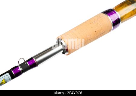 Fishing rod spinning ring with close-up. Fishing rod cork handle and  natural wood. Ttackle. Fishing rod isolated over white background with copy  space Stock Photo - Alamy
