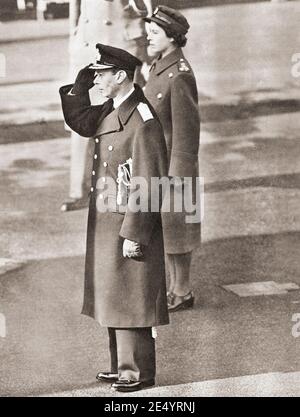 EDITORIAL ONLY Princess Elizabeth with her father George VI, seen here at the Cenotaph on Remembrance Sunday, 1949.  George VI, Albert Frederick Arthur George,1895 –1952. King of the United Kingdom and the Dominions of the British Commonwealth.  Princess Elizabeth of York, 1926 - 2022, future Elizabeth II, Queen of the United Kingdom.  From The Queen Elizabeth Coronation Book, published 1953. Stock Photo
