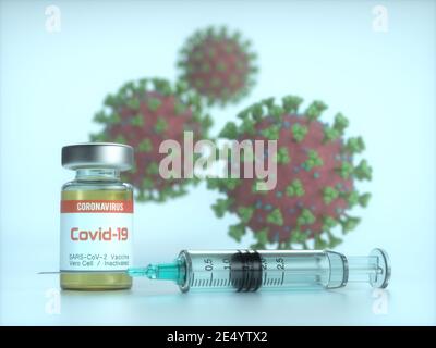 Conceptual image for the discovery of a vaccine for the Covid-19, Coronavirus, 2019-nCoV, SARS-CoV-2. 3D illustration. Stock Photo