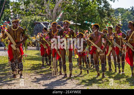 Cricket-Game Trobriand Islands Style in Kwebwaga, Papua New Guinea Stock Photo