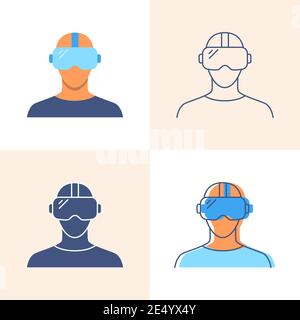 Man in virtual reality headset icon set in flat and line style. Modern computer technology symbol. Vector illustration. Stock Vector